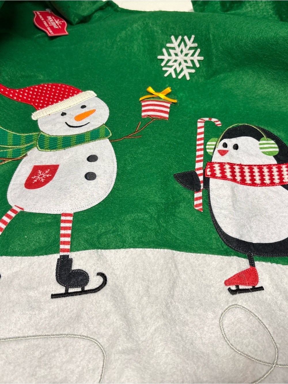 Green Holiday Time Snowman & Penguin 48 inch Felt Tree Skirt